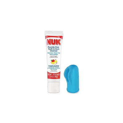 Nuk Grins & Giggles fluoride-free tooth and gum cleanser tube with a blue 3-sided fingerbrush for infants.