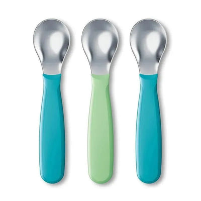Kid-friendly cutlery set featuring three spoons with soft-colored handles in blue and green, designed for young children.
