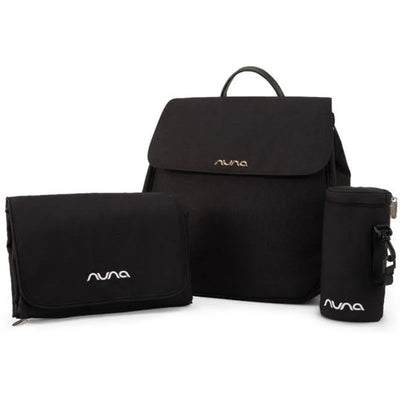 Nuna Baby Diaper Bag in caviar color, featuring a backpack style, changing pad, and bottle holder.