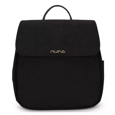 Black Nuna baby diaper bag featuring a flap closure and a gold logo on the front.