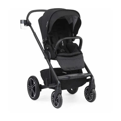 Nuna MIXX™ stroller in black with a cup holder attached, featuring a padded seat and spacious basket.