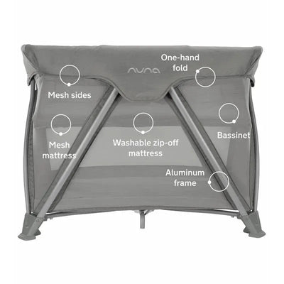 Nuna COVE™ aire go Travel Crib in Frost, featuring mesh sides, a washable zip-off mattress, aluminum frame, and one-hand fold.