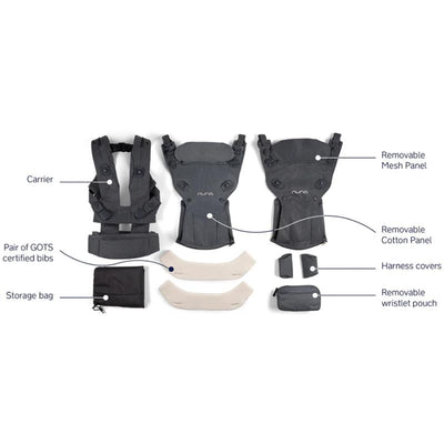 Nuna CUDL™ deux Baby Carrier in Thunder color, displayed with removable panels, certified bibs, and storage accessories.