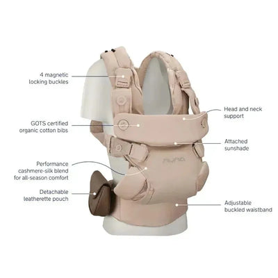 Nuna CUDL™ luxe Baby Carrier in Pearl, featuring four magnetic locking buckles, head and neck support, and an attached sunshade.