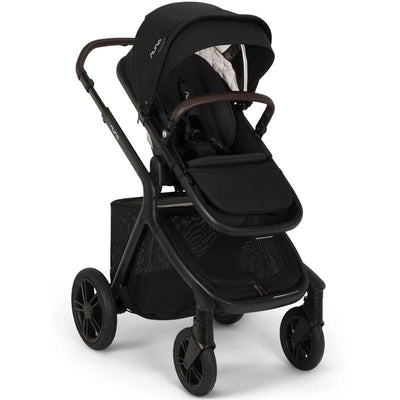 Nuna DEMI™ icon stroller in caviar, featuring a canopy, adjustable seat, and a spacious storage basket.