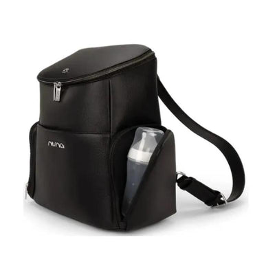 Nuna x BMW Essential Bag - Element, a stylish black backpack with a side pocket for a baby bottle.