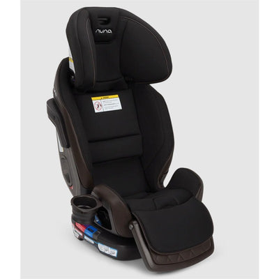Nuna EXEC™ next All-in-One Car Seat in Caviar color, featuring adjustable headrest, recline function, and cup holder.