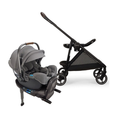 Nuna Flex System Frame and Pipa Rx Travel System in Granite color, featuring a car seat and stroller.