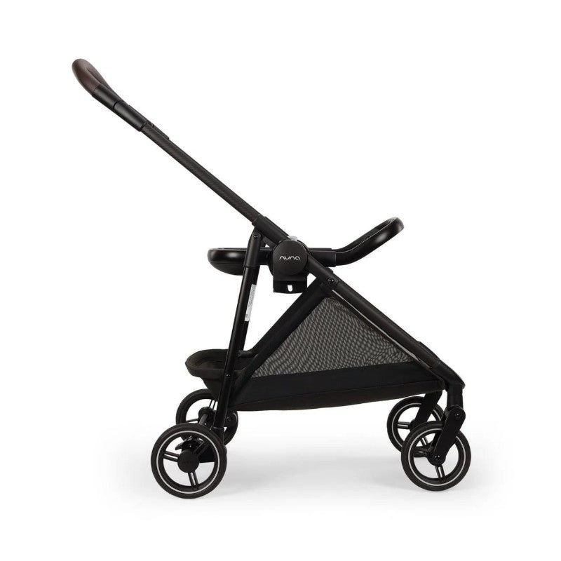 Nuna Flex System Frame with Pipa Rx Travel System in granite color, showcasing a sleek stroller design with a curved handle.