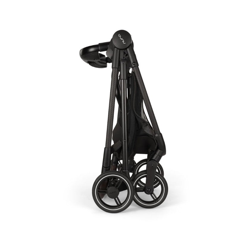 Nuna Flex System Frame in a folded position, featuring black metal frame and wheels, designed for easy transport.