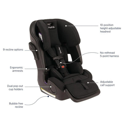 Nuna LUMN Combination Car Seat in Caviar, featuring a 10-position adjustable headrest, 5-point harness, and dual cup holders.