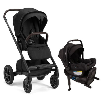 Nuna Mixx Next stroller in Caviar/Chocolate with Pipa Aire Rx infant car seat, featuring a sleek black design and sturdy wheels.