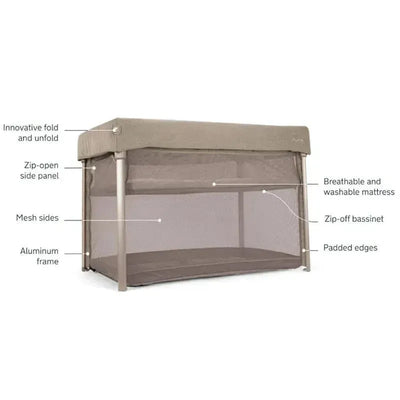 Nuna Paal Playard in Cedar with mesh sides, aluminum frame, and features like zip-open panel and washable mattress.