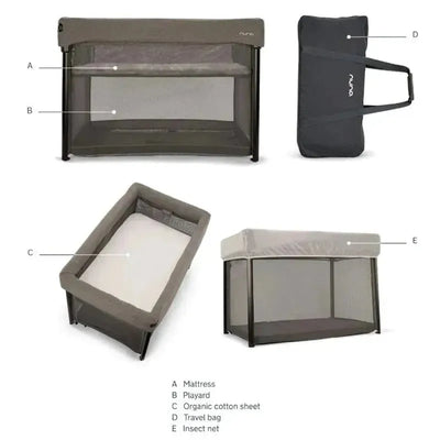 Nuna PAAL™ Playard in Granite color, featuring a playard, mattress, organic cotton sheet, travel bag, and insect net.