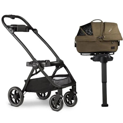 3-in-1 pet protection system featuring a black stroller frame and a removable cargo carrier in olive green.