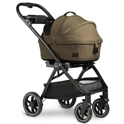 3-in-1 pet protection system with a brindle-colored carrying basket and black frame, designed for pet travel.