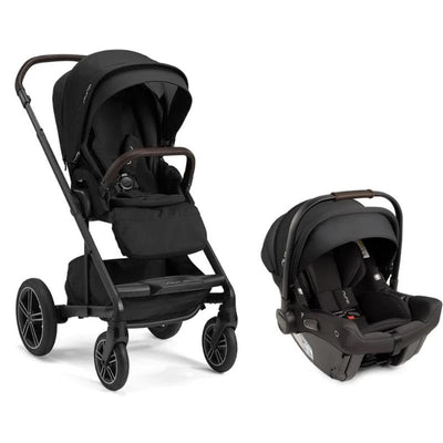 Nuna Pipa Urbn infant car seat alongside Mixx™ Next stroller, both in caviar and chocolate colors.