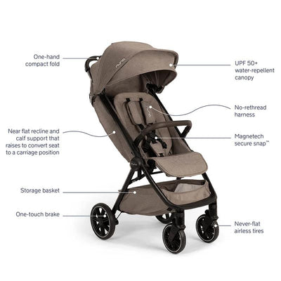 Nuna PIPA™ urbn + TRVL™ lx travel system in Cedar, featuring a one-hand fold, water-repellent canopy, and adjustable seat.