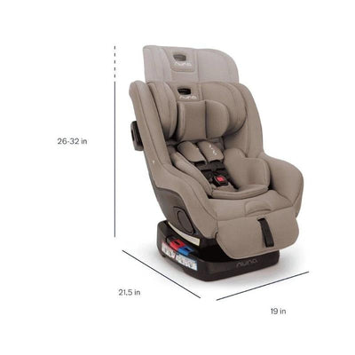 Nuna RAVA™ next Convertible Car Seat in Cedar color, dimensions 26-32 in (H) x 21.5 in (W) x 19 in (D).