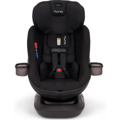 Nuna Revv Maxx Rotating Convertible Car Seat in Midnight, featuring a sturdy design, safety harness, and side cup holders.
