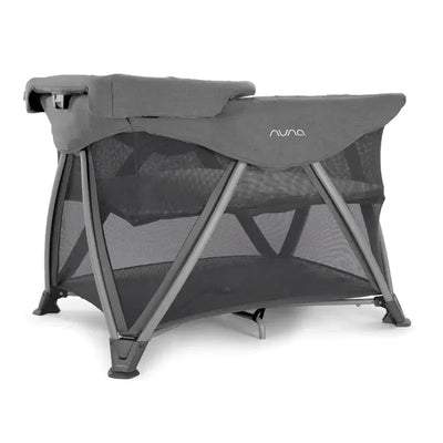 Nuna SENA™ aire Playard in Granite color, featuring a mesh design and sturdy frame, suitable for infants with zip-off bassinet and changer.