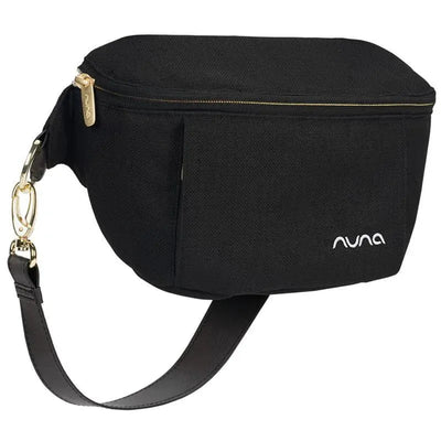 Nuna Stroller Sling Bag in Caviar color, featuring a zippered closure, adjustable strap, and front pocket.