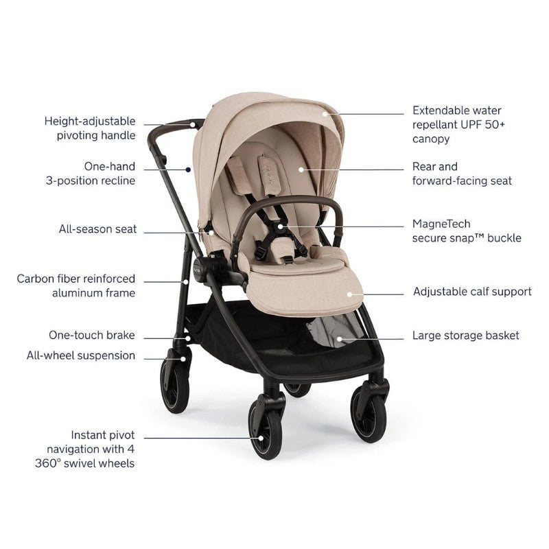 Nuna Swiv + Pipa Aire Rx Travel System Biscotti features a beige stroller with an extendable canopy, adjustable seat, and large storage basket.