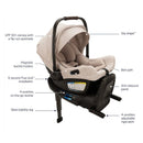 Nuna Swiv + Pipa Aire Rx Travel System in Biscotti, featuring a beige infant car seat with a UPF 50+ canopy, magnetic buckle holders, and labeled safety features.