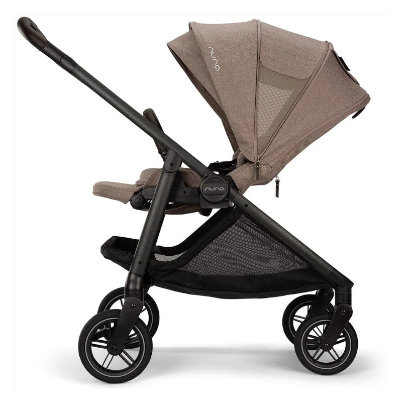 Nuna Swiv + Pipa Aire Rx Travel System in Cedar/Caviar, featuring a stylish stroller with adjustable canopy and mesh storage.