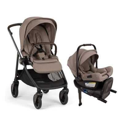 Nuna Swiv stroller and Pipa Aire Rx infant car seat in cedar color, designed for convenient travel with infants.