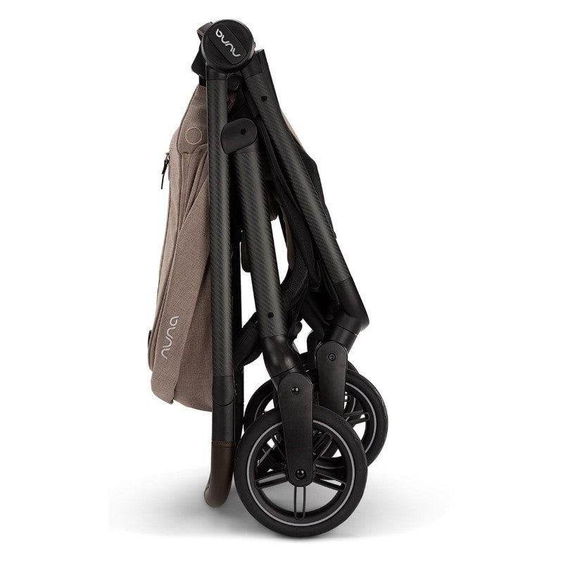 Nuna Swiv + Pipa Aire Rx Travel System in Cedar, displayed in a folded position showing its sleek design and wheels.