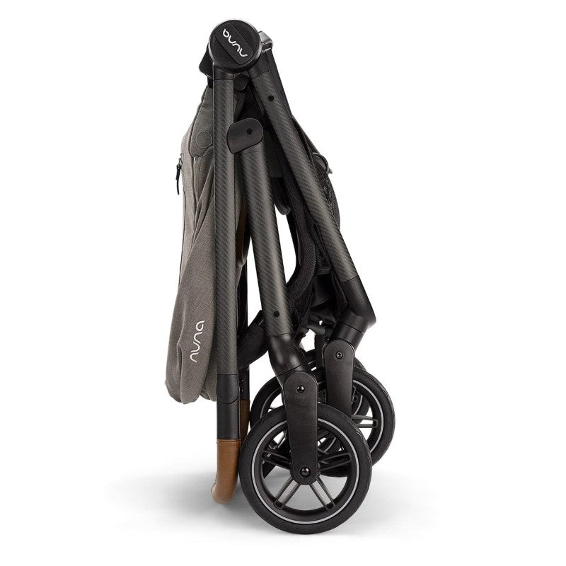 Nuna Swiv + Pipa Aire Rx Travel System in Granite, shown in a folded position, highlighting its compact design and wheels.