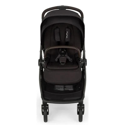 Nuna SWIV + PIPA urbn Travel System Bundle in Caviar/Chocolate featuring an adjustable stroller seat and safety harness.