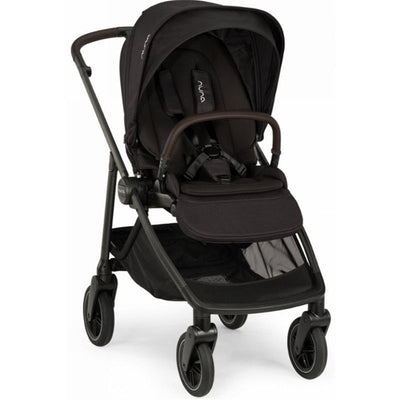 Nuna SWIV™ Stroller in Caviar/Chocolate color with a sleek design, adjustable canopy, padded seat, and large storage basket.
