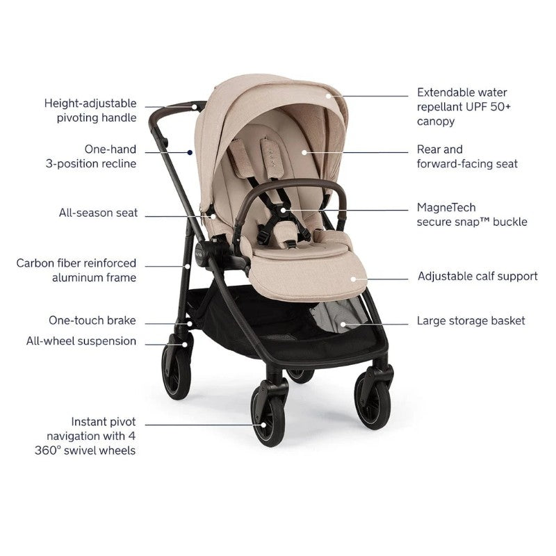 Nuna Swiv Stroller in Biscotti/Caviar color with features like adjustable handle, reclining seat, and 360° swivel wheels.