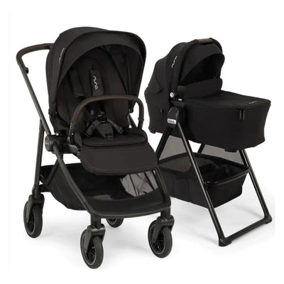 Nuna Swiv stroller with a black seat and wheels, alongside a black bassinet on a stand, both featuring sleek designs.