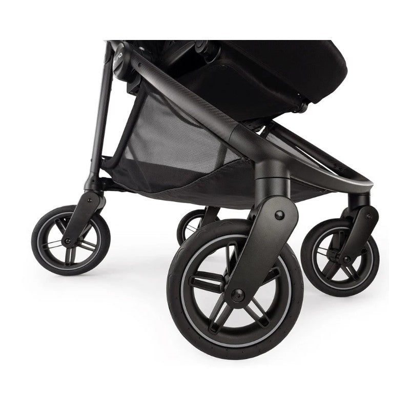 Black Nuna Swiv stroller showcasing its durable wheels and sleek design, emphasizing stability and maneuverability.