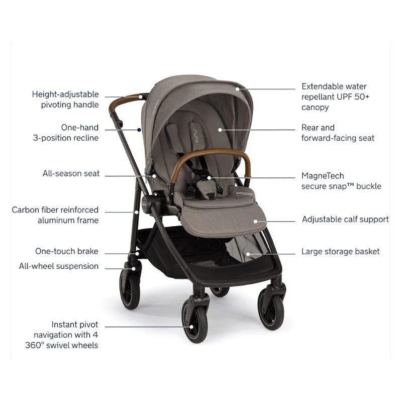 Nuna Swiv stroller in Granite/Caviar, featuring a height-adjustable handle, extendable canopy, and 360° swivel wheels.