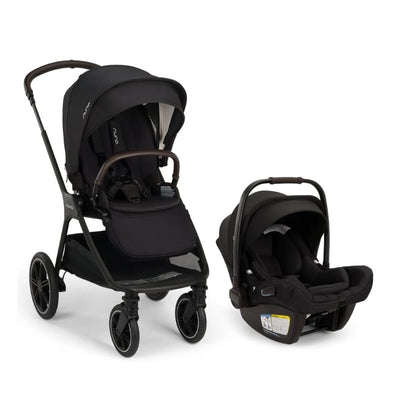 Nuna Triv Lx stroller in caviar black beside Nuna Pipa Aire Rx infant car seat in matching black.