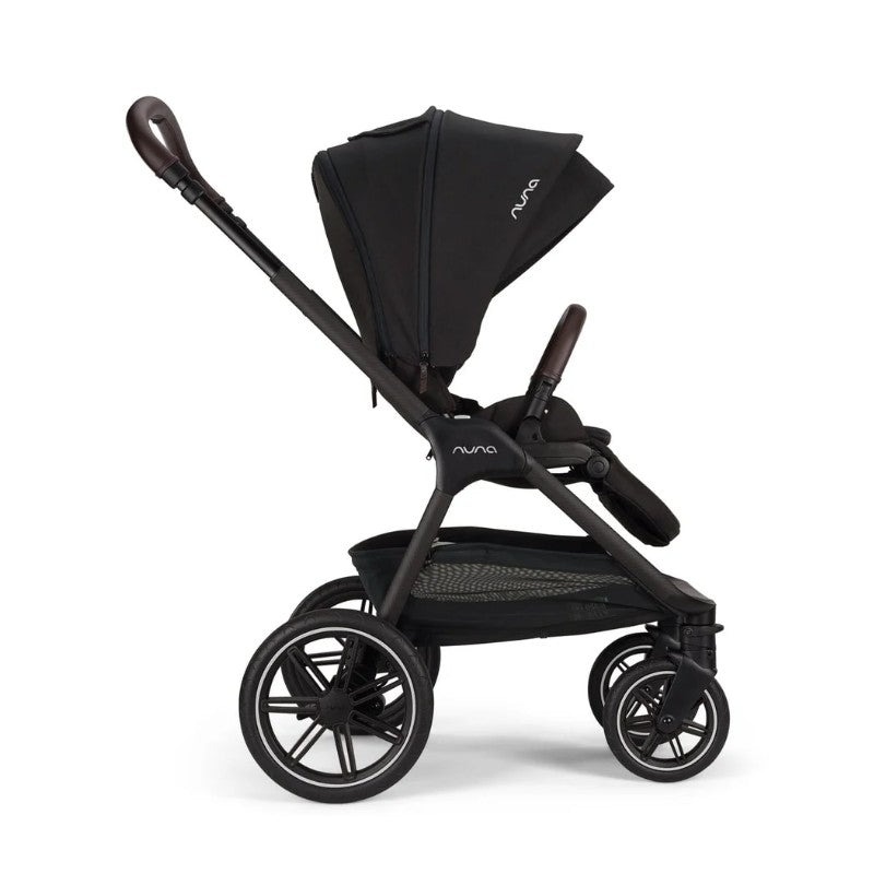 Nuna Triv Lx stroller with Pipa Aire car seat, shown in caviar color with a sleek design and adjustable canopy.