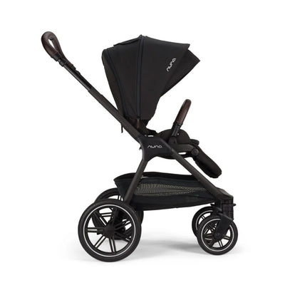 Nuna Triv Lx stroller with Pipa Aire car seat, shown in caviar color with a sleek design and adjustable canopy.