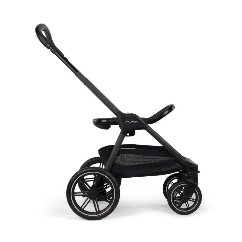 Nuna Triv Lx stroller in Caviar color, featuring a sleek design, ergonomic handle, and spacious undercarriage.
