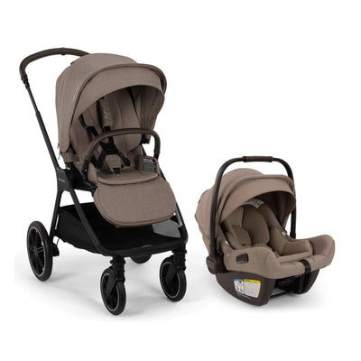 Nuna Triv Lx stroller in cedar color alongside Pipa Aire Rx infant car seat, showcasing a sleek design and safety features.