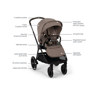 Nuna Triv Lx stroller in Cedar color with detailed features, including adjustable pushbar, multi-position seat, and large wheels.