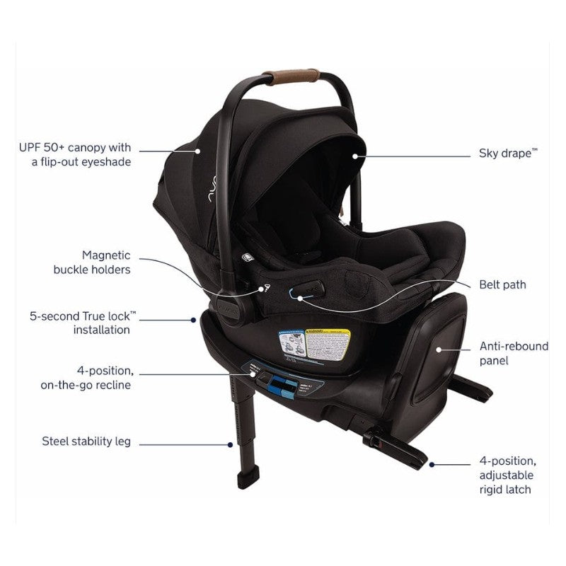 Nuna Triv Lx + Pipa Aire Rx Travel System in Cedar color, featuring car seat with detailed labels highlighting safety and convenience features.