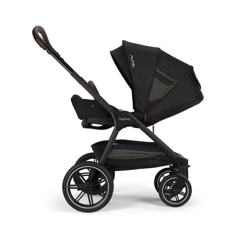 Nuna Triv Lx stroller in black with a detachable infant car seat, showcasing a stylish modern design and adjustable features.