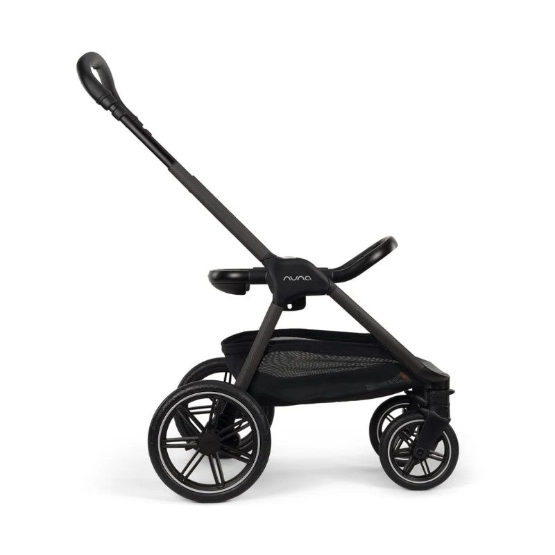 Nuna Triv Lx stroller in caviar color, featuring a sleek design and adjustable handle, shown from the side.