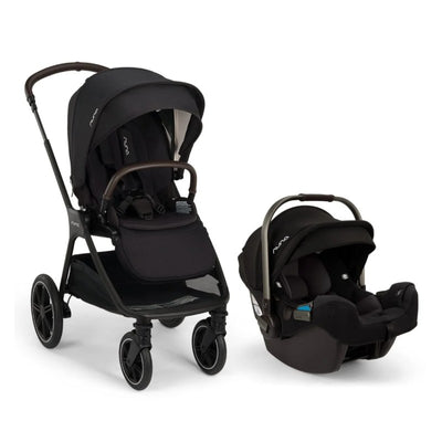 Nuna Triv Lx stroller in Caviar color next to Pipa Rx car seat, both featuring a sleek black design.