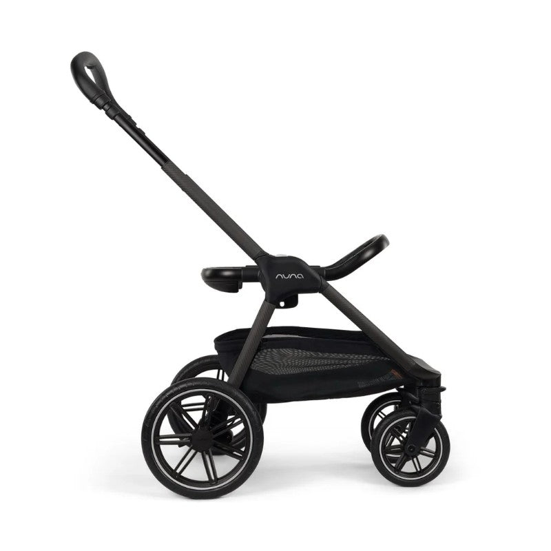Nuna Triv Lx stroller in caviar color with a black fabric seat and large wheels, designed for travel systems.