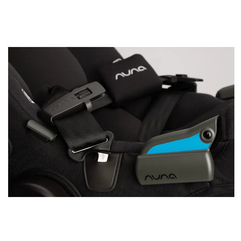 Nuna Triv Lx travel system with Pipa Rx car seat featuring safety buckles and a blue accent on the base.